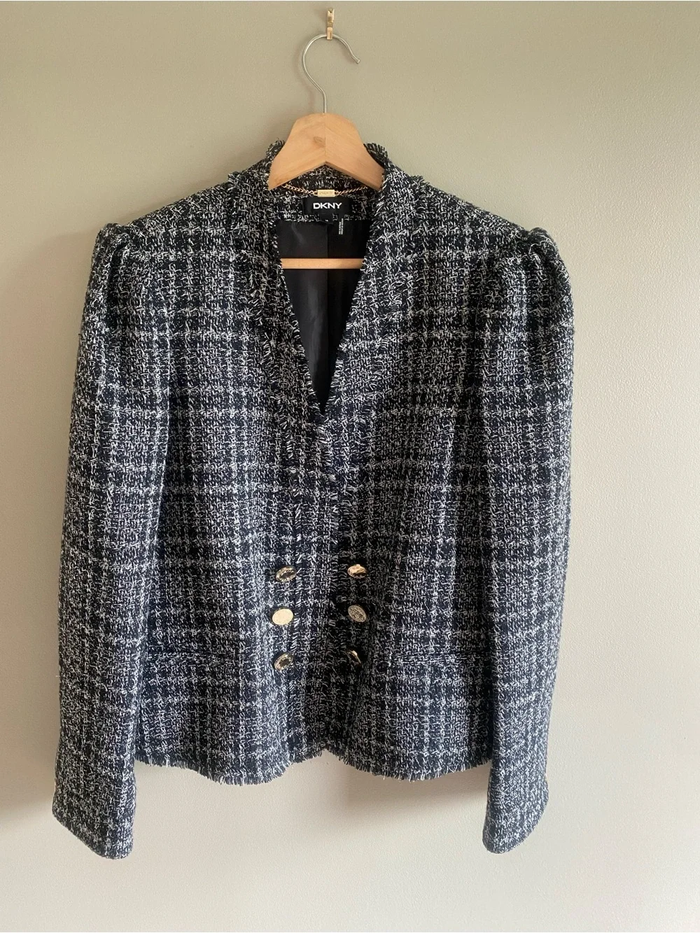 Dkny Black‎ and White Plaid Double-Breasted Open Blazer
